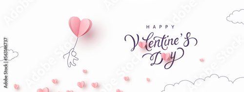 Valentine's Day postcard with paper flying balloon and man on sky background. Romantic poster. Vector symbols of love in shape of heart for greeting card design