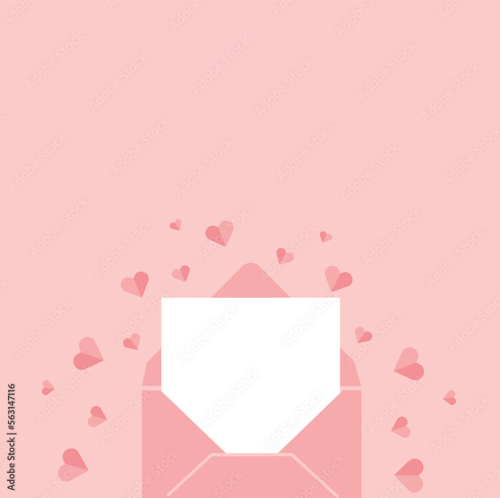 Valentine's Day concept. Illustration of pink running letter below with coral background surrounded by paper hearts. 
