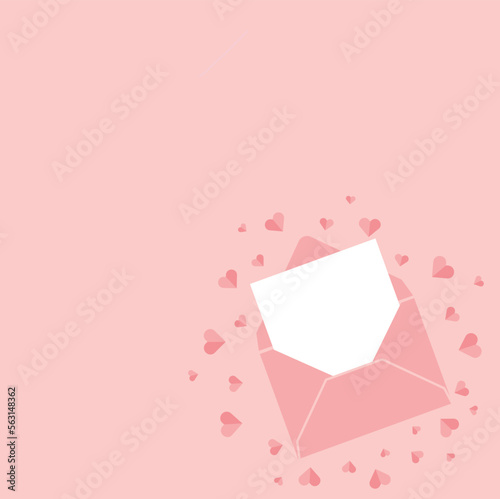 Valentine's Day concept. Off-center pink letter illustration with coral background surrounded by paper hearts.  © Micaela