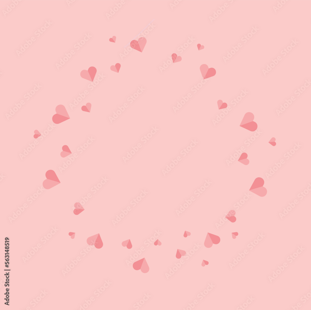 Background coral with pink paper hearts posed in a circle. Template