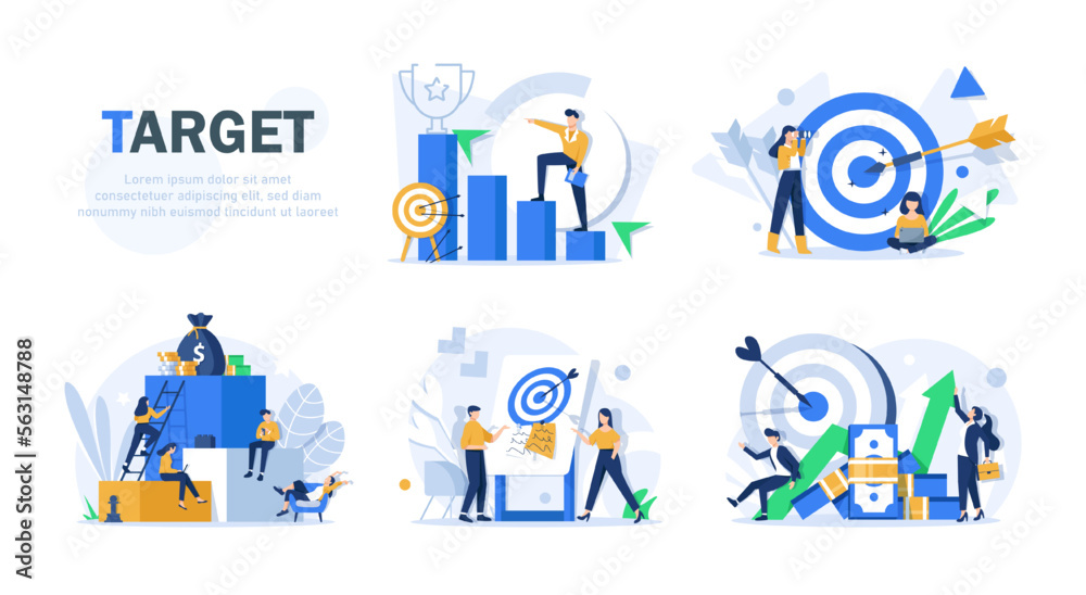 Flat design concept teamwork to build organizational success By setting the right marketing target. Vector illustrations - obrazy, fototapety, plakaty 
