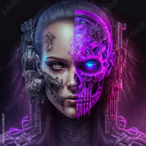 FIctional portrait of a semi cyborg person with skull showing, cyberpunk style, generative AI