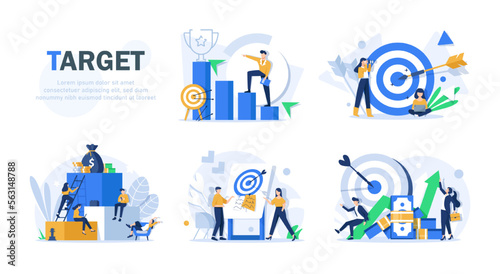 Flat design concept teamwork to build organizational success By setting the right marketing target. Vector illustrations