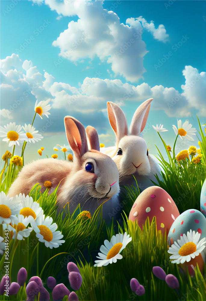 Fototapeta premium Spring meadow with rabbit and easter eggs - AI Generated