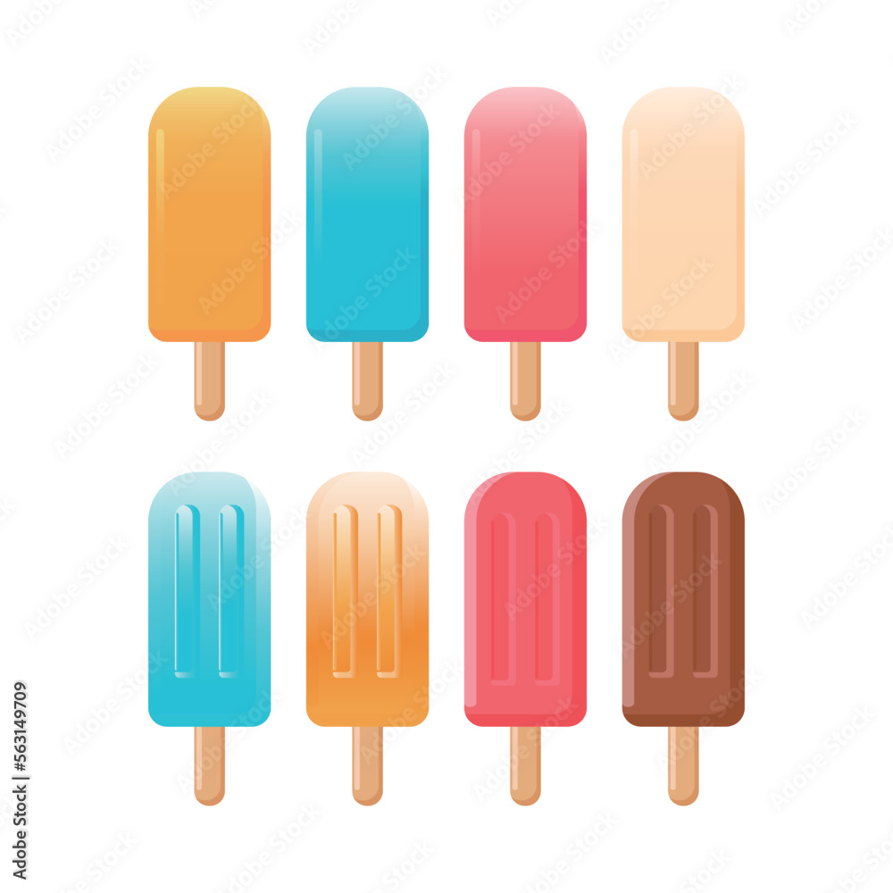 Ice pop in soda, strawberry, yogurt, chocolate, orange flavors, cool ice pop for summer. Ice pop vector illustration on white background. Ice pop in soda, strawberry, yogurt, chocolate, orange flavors, cool ice pop for summer. Ice pop vector illustration on white background.