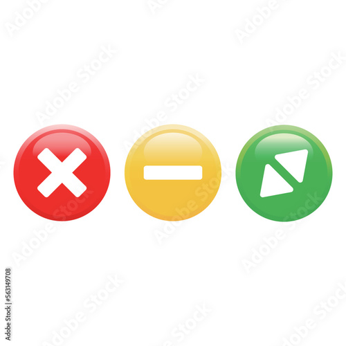 Maximize, minimize and close window buttons. Green color maximize, yellow color minimize and red color close window buttons vector illustration on white background.