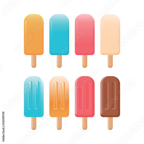 Ice pop in soda, strawberry, yogurt, chocolate, orange flavors, cool ice pop for summer. Ice pop vector illustration on white background.