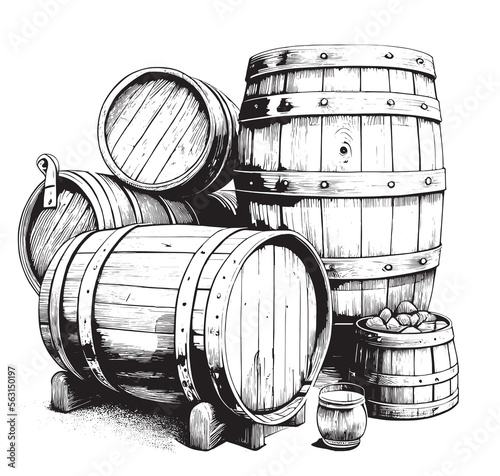 Barrels for storing alcohol wine or beer hand drawn engraving sketch Vector illustration.