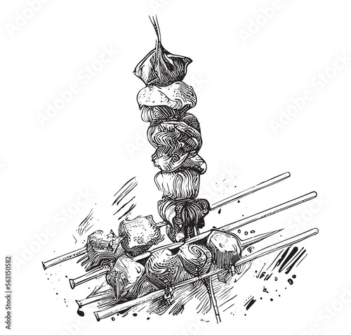 Meat barbecue hand drawn engraving sketch Vector illustration