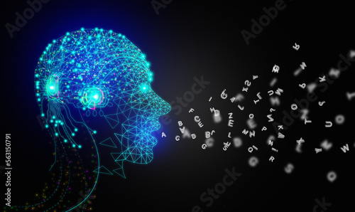 AI speaks letters, text-to-speech or TTS, text-to-voice, speech synthesis applications, generative Artificial Intelligence, futuristic technology in language and communication.