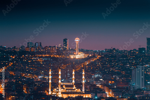 General view from Ankara city during twilight with mosque and tower. photo