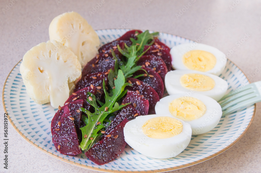 Breakfast, dinner, lunch is prepared from boiled beets, arugula, broccoli and boiled eggs Breakfast, dinner, lunch is prepared from boiled beets, arugula, broccoli and boiled eggs