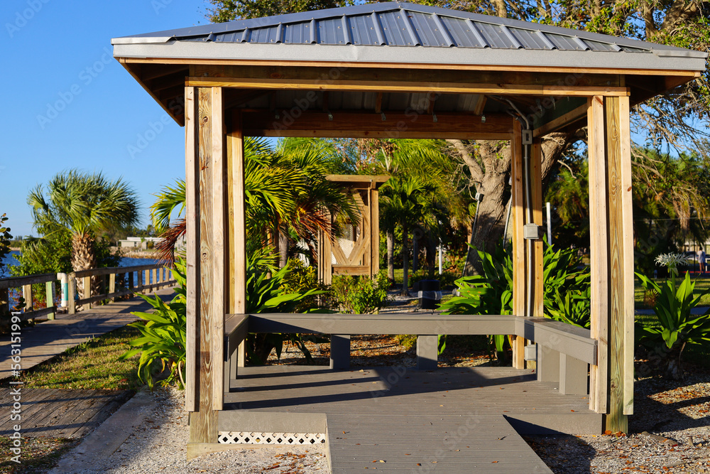Beautiful sunny day and  wooden paths for walking and running in Florida, USA