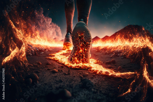 illustration of fearless feet walking pass the fire flame on the ground. generative AI