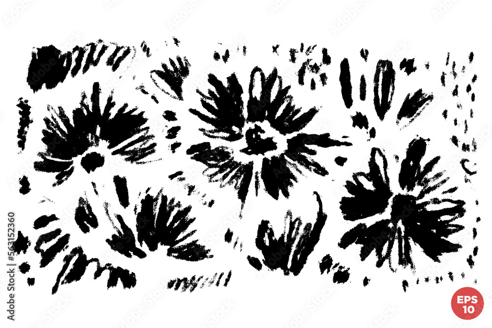 Vector set of ink drawing wild flowers, monochrome artistic botanical illustration, isolated floral elements, hand drawn illustration. Vector set of ink drawing wild flowers, monochrome artistic botanical illustration, isolated floral elements, hand drawn illustration.
