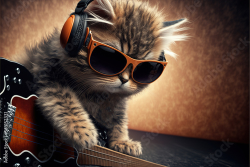 cat in sanglasses and headphones playing  on guitar photo