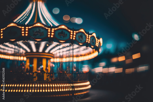 rotating carousel. blur defocused illustration of amusement park at evening  carousel spinning with full fun. Generative AI