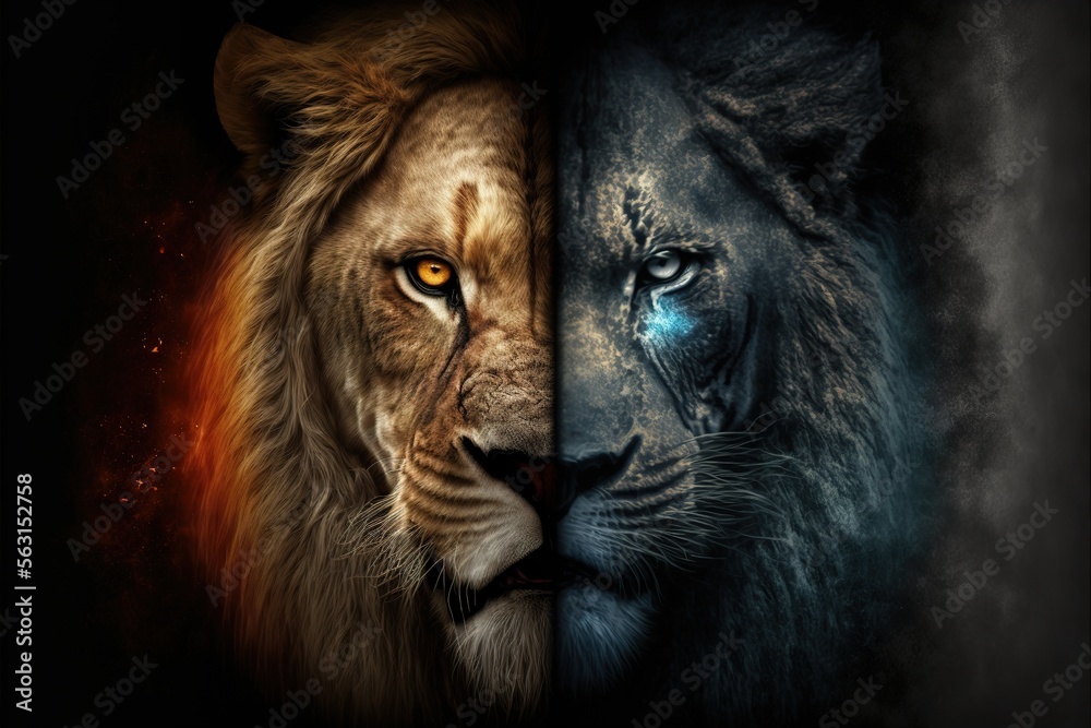 lion in the night color art - obrazy, fototapety, plakaty 