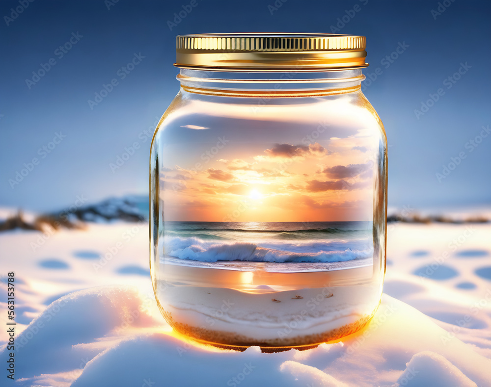 Paradise in a Glass Jar, Tropical Paradise in a Glass Jar in Winter - Generative AI Image Paradise in a Glass Jar, Tropical Paradise in a Glass Jar in Winter - Generative AI Image