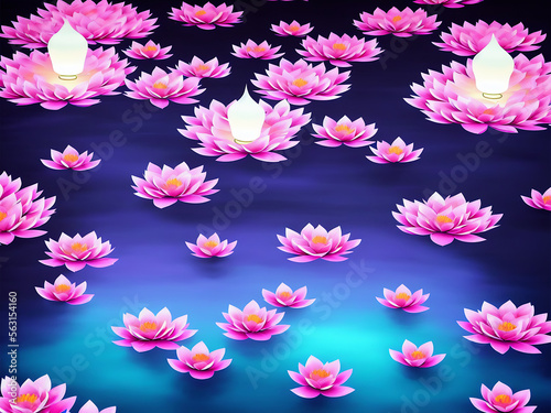 Illustrated Background of Glowing Pink Waterlillies in a Pond at Night - Generative AI Image