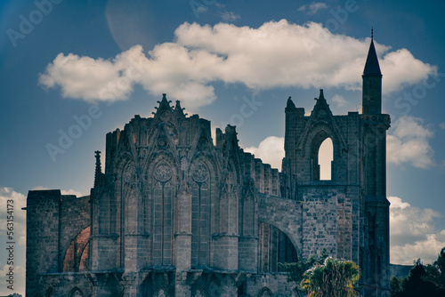 Dramatic view of Lala Mustafa Pasha Mosque. Formerly name St. Nicholas Cathedral  in the old town of Famagusta, Northern Cyprus.  Halloween, horror movie concept photo