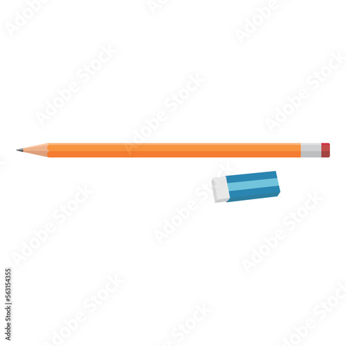 Yellow pencil vector illustration on white background. Drawing tool and eraser. School or office stationery supplies.