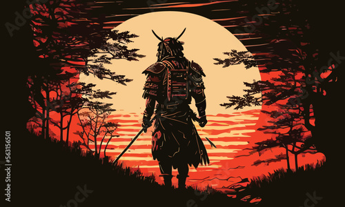 a samurai walking to the sun