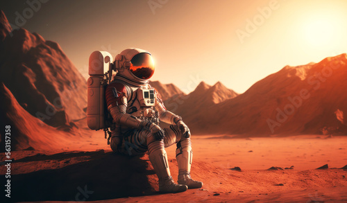 Astronaut on mars red planet atmospheric landscape, generative ai © Hixel