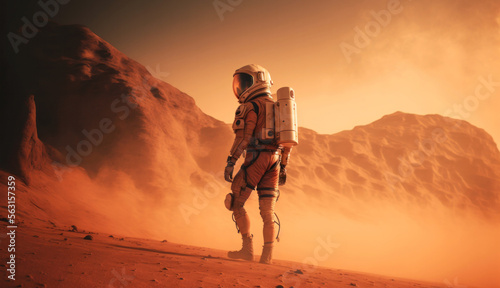 Astronaut on mars red planet atmospheric landscape, generative ai