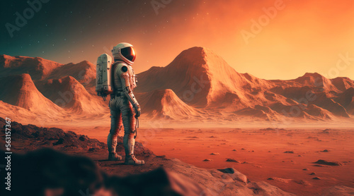 Astronaut on mars red planet atmospheric landscape  generative ai