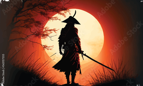 a samurai walking to the sun