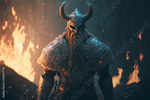Portrait of a viking in a helmet, illustration of an ancient soldier, Scandinavian warrior, AI generated art photo