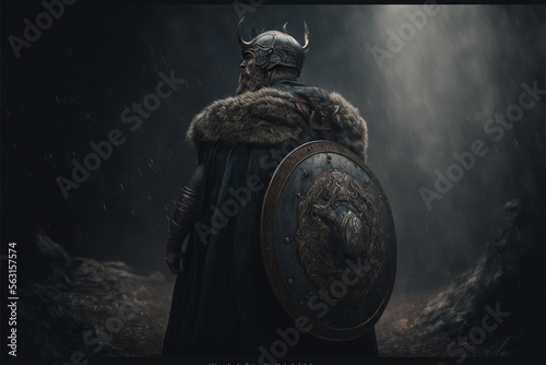 Illustration from the back of an ancient Scandinavian warrior in armor and a horned helmet, medieval viking, shield on the back, artificial intelligence generated art photo