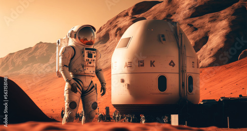 Astronaut on mars near base for planet colonization atmospheric landscape, generative ai photo