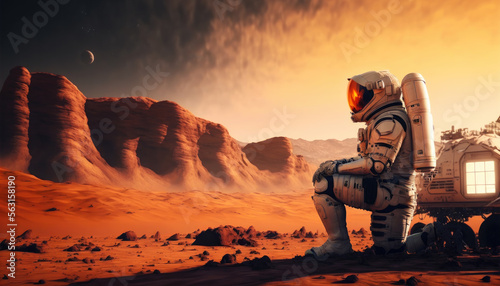 Astronaut on mars near base for planet colonization atmospheric landscape, generative ai © Hixel