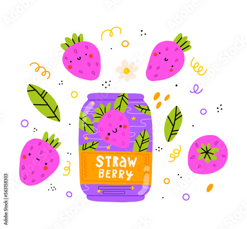 Cute strawberry bootle and glass. Isolated. Vector cartoon character hand drawn style illustration. Kawaii smiling lemonade.Hand drawn cute vector for web,design,print
