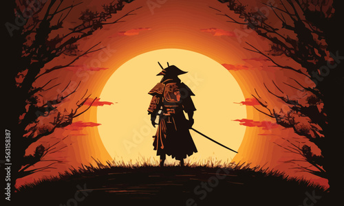 a samurai walking to the sun