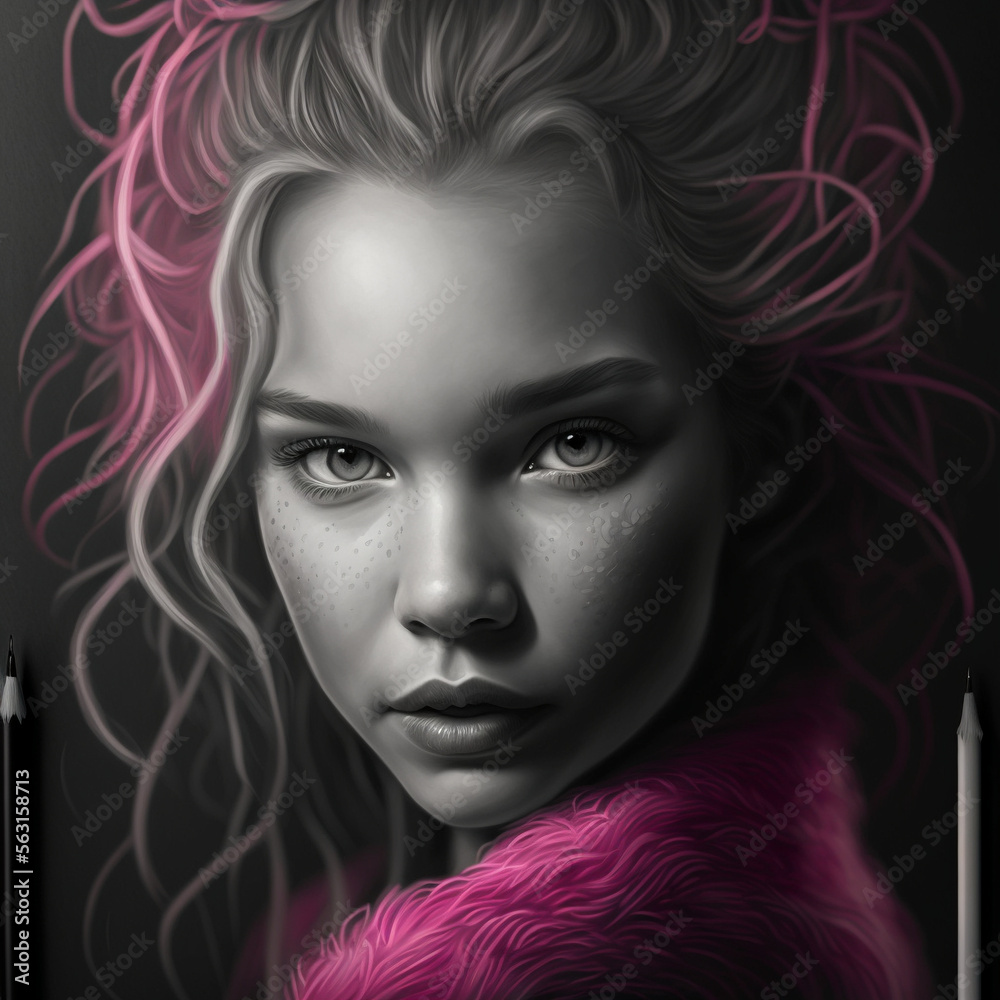 Young Woman in Grayscale Color with Pink Highlights (Generative AI)