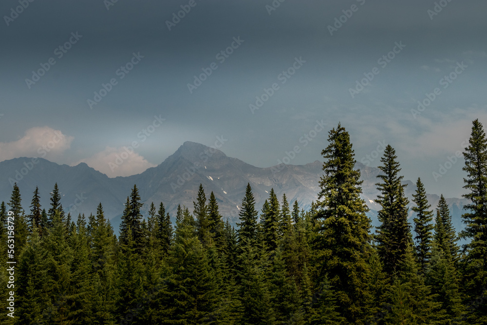 Mount Harkin under a forest fire smoke haze Kootenay National Park British Columbia Canada