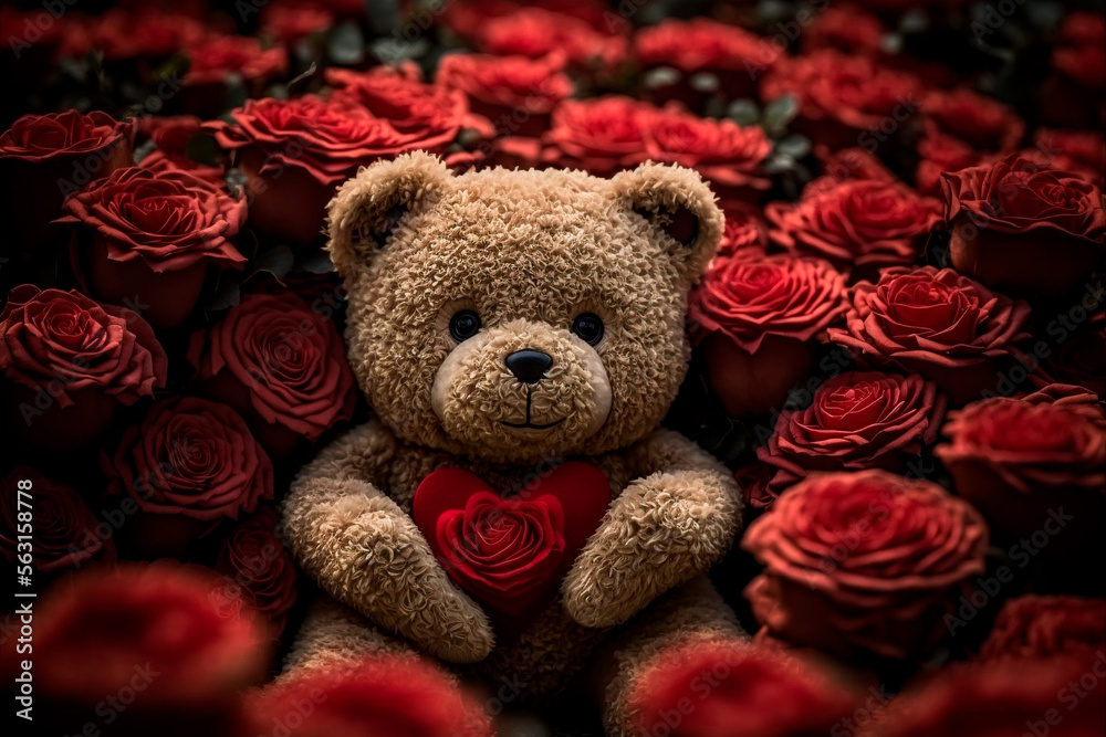 Cute Teddy Bear in Red Roses. Gift for a Girl, Woman. Valentine S Day,  Birthday, Women S Day Stock Illustration - Illustration of love, bear:  267106481