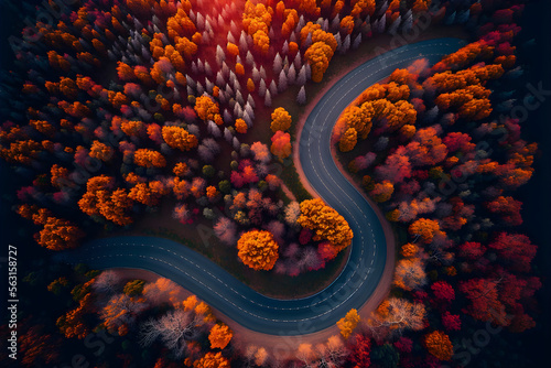 Aerial drone view of a winding road among a beautiful autumn forest. Generative AI photo
