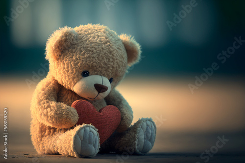 Sad teddy bear holding a red heart. Love concept. Generative AI