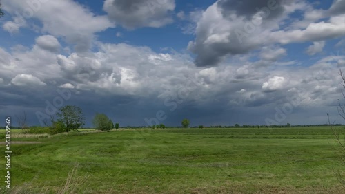 Landscape timelapse of a grain field in Germany taken on a sunny day Agricultural machinery harvesting a field.