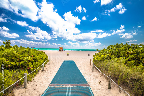 Miami Beach colorful sand beach and lifeguard post view © xbrchx