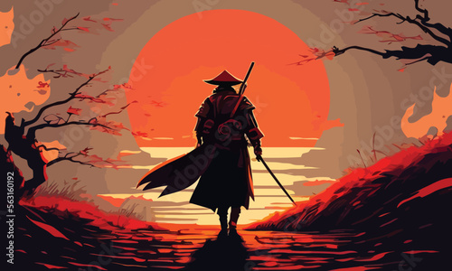a samurai walking to the sun