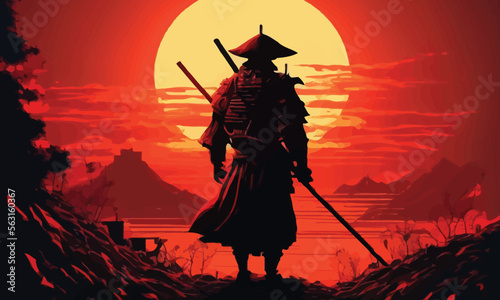 a samurai walking to the sun