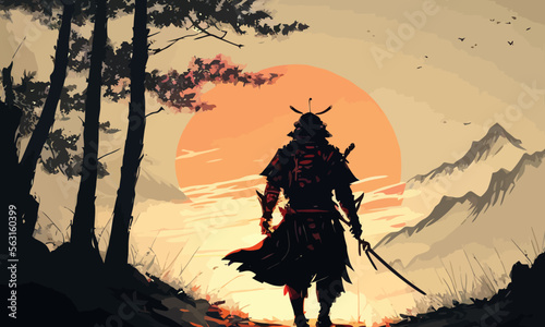 a samurai walking to the sun