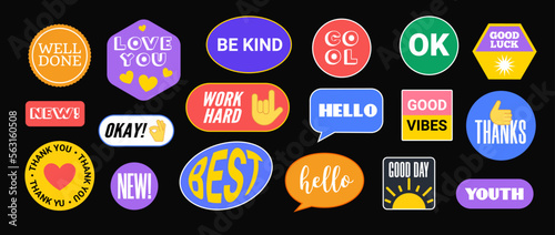 Sticker Vector Pack retro badge cool happy label icon. Sticker patch set design, trendy pop graphic hipster emoji mockup.