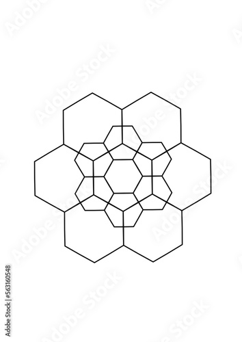 grafik aus miteinander verbundenenn sechsecke verschiedener größe symmetrisch kombi,iert