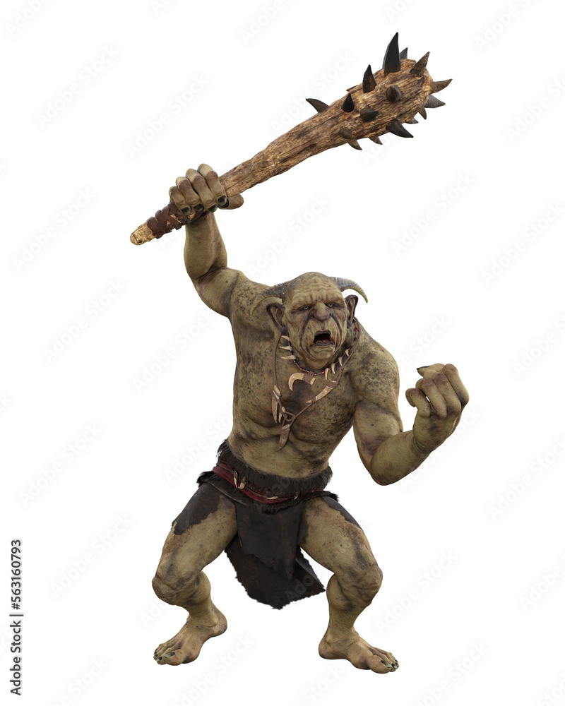 Troll fantasy ugly green creature wielding a large spiked club in aggressive pose. 3D rendering isolated. Troll fantasy ugly green creature wielding a large spiked club in aggressive pose. 3D rendering isolated.